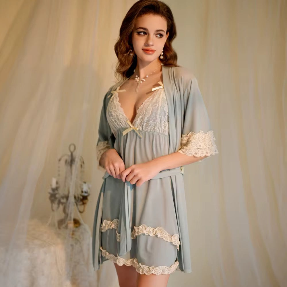 Intimate Lingerie Set Lace Trim Purple Babydoll Nightdress with Matching Robe