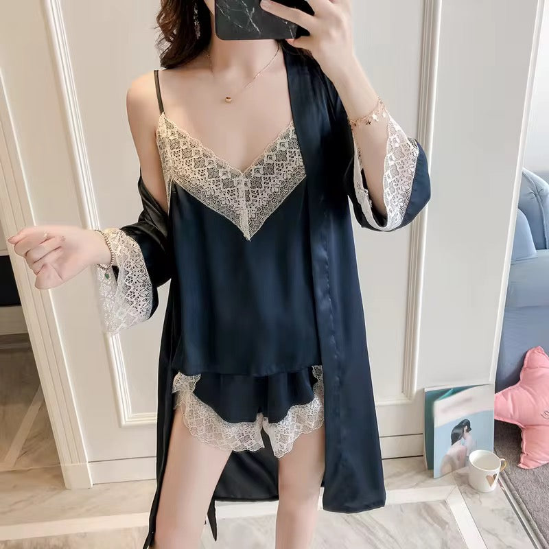 Intimate 3-Piece Satin Nightwear Set with Lace Trim – Camisole, Shorts & Robe