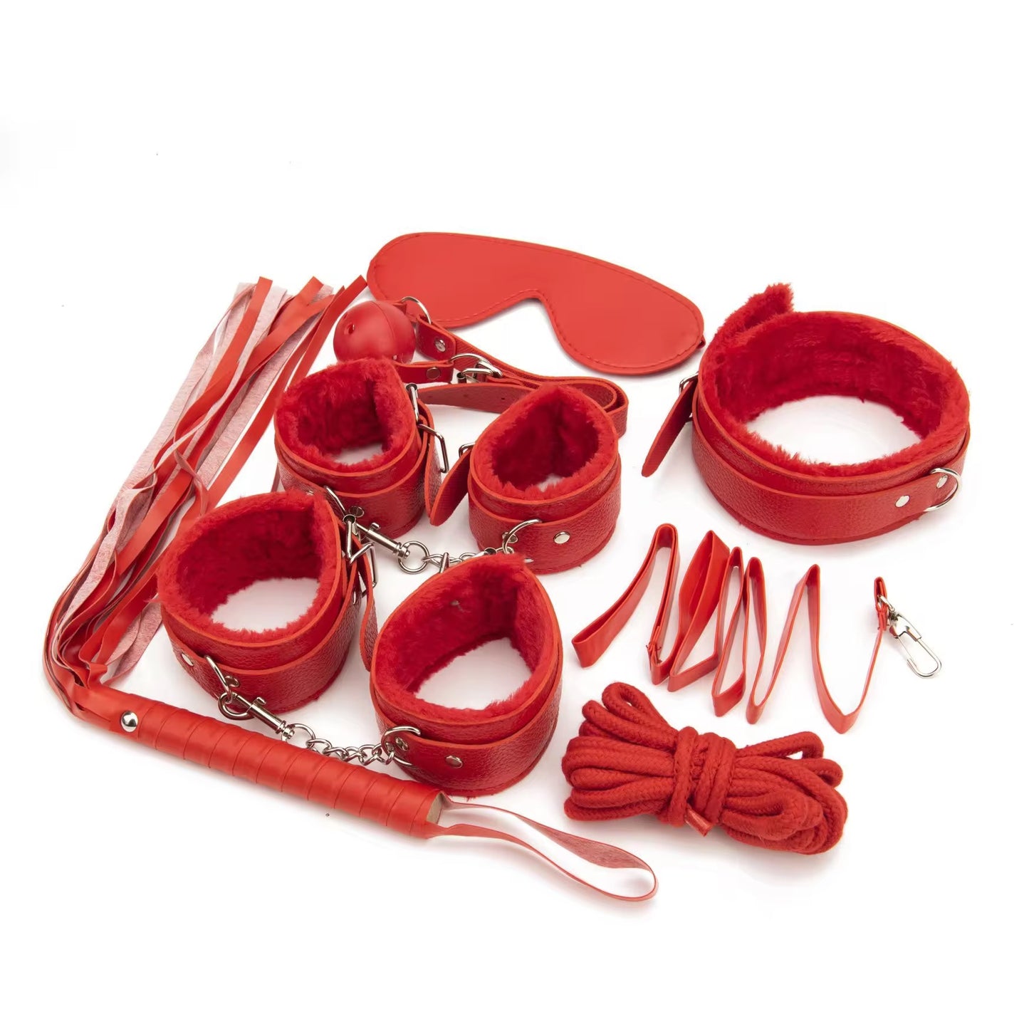 Red bondage set including cuffs, blindfold, and rope on a white background