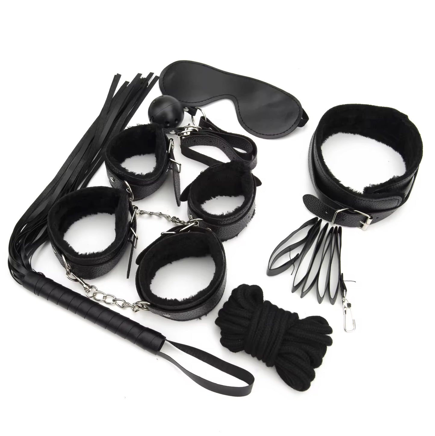 Collection of black restraining items including blindfold, cuffs, leash, and rope on a white background