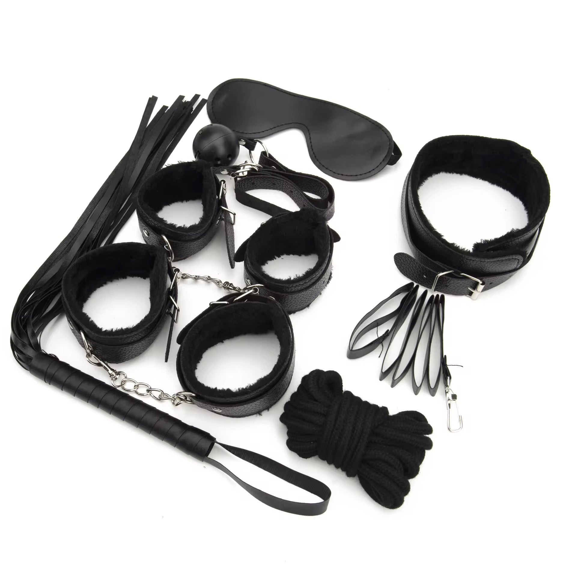 Collection of black restraining items including blindfold, cuffs, leash, and rope on a white background