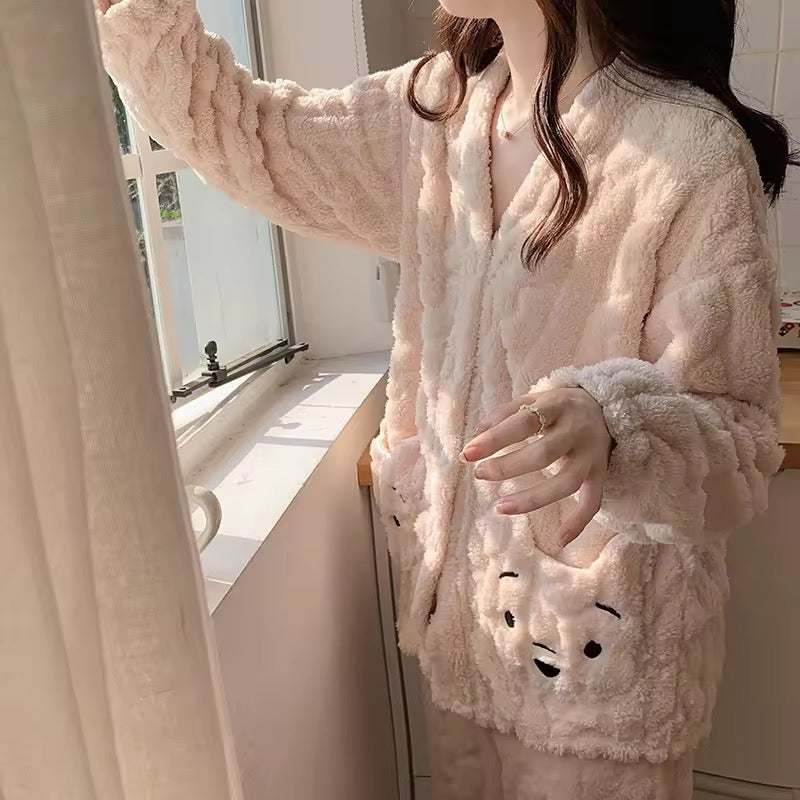 Cozy Plush Faux Fur Pajama Set - Button-Up Jacket & Trousers