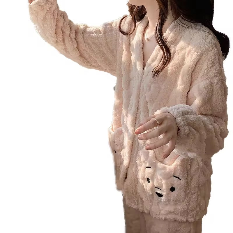 Cozy Plush Faux Fur Pajama Set - Button-Up Jacket & Trousers