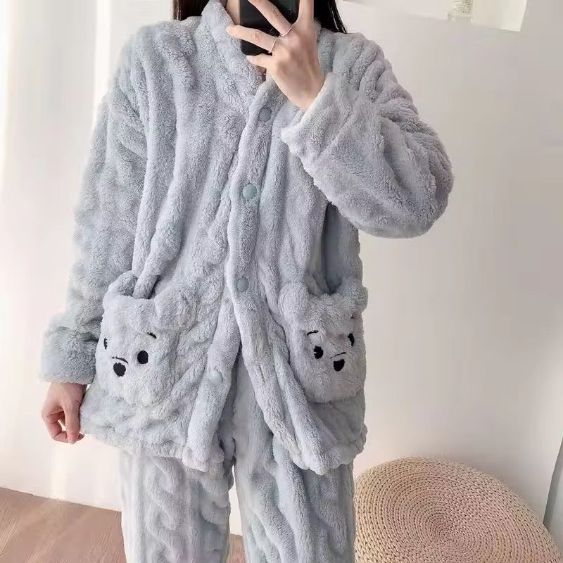 Cozy Plush Faux Fur Pajama Set - Button-Up Jacket & Trousers