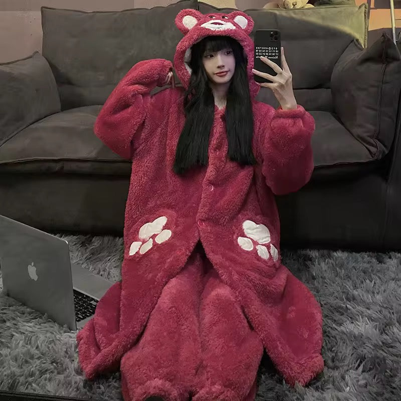 Intimate Bear Winter Fleece Night Dress Long Robe PJ with Hoodie and Trouser
