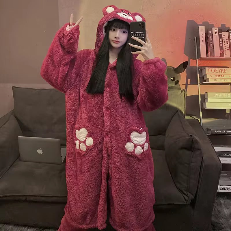 Intimate Bear Winter Fleece Night Dress Long Robe PJ with Hoodie and Trouser