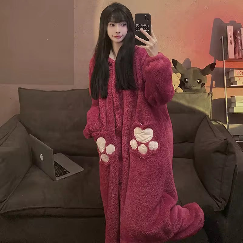 Intimate Bear Winter Fleece Night Dress Long Robe PJ with Hoodie and Trouser