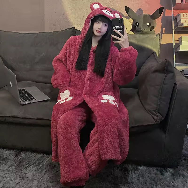 Intimate Bear Winter Fleece Night Dress Long Robe PJ with Hoodie and Trouser