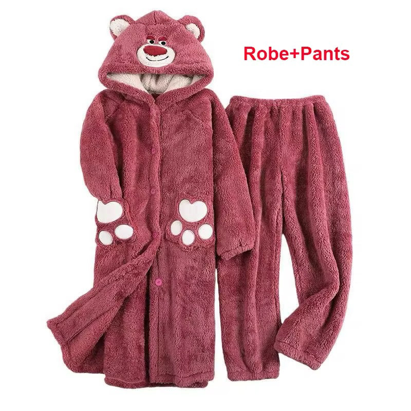 Intimate Bear Winter Fleece Night Dress Long Robe PJ with Hoodie and Trouser
