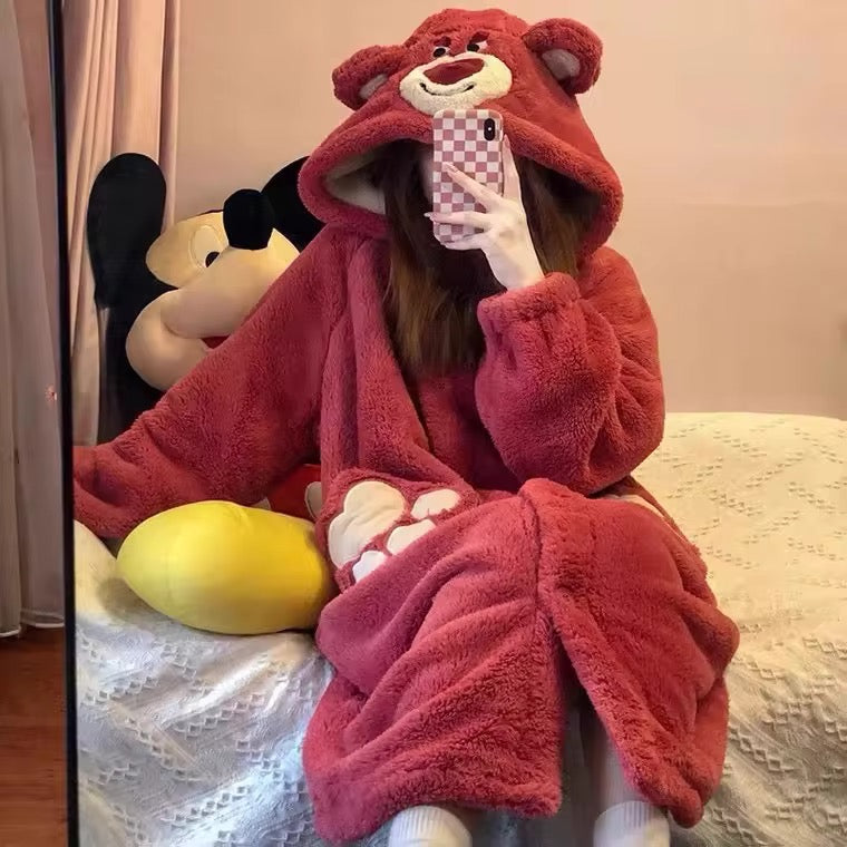 Intimate Bear Winter Fleece Night Dress Long Robe PJ with Hoodie and Trouser