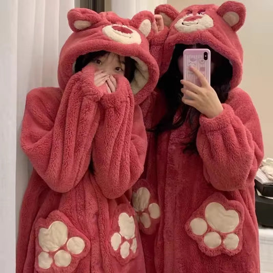 Intimate Bear Winter Fleece Night Dress Long Robe PJ with Hoodie and Trouser
