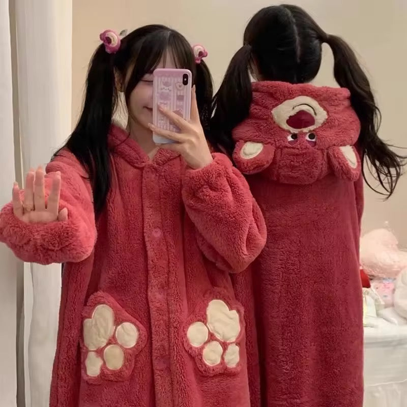 Intimate Bear Winter Fleece Night Dress Long Robe PJ with Hoodie and Trouser