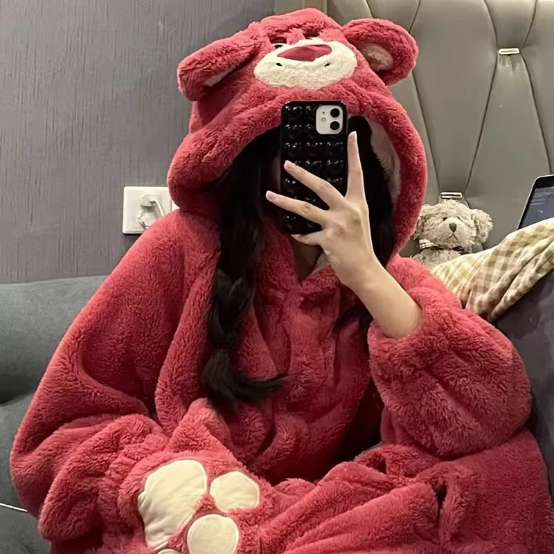 Intimate Bear Winter Fleece Night Dress Long Robe PJ with Hoodie and Trouser