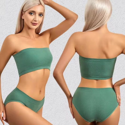 Green bikini set worn by a model on a light gray background