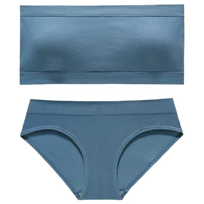 Blue bikini top and bottom set on a white background