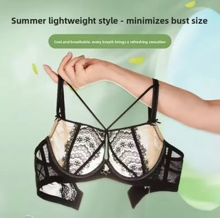 Black lace bra on a light green background with text about summer lightweight style.