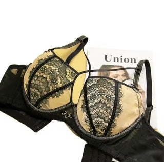 Black lace bra with packaging labeled 'Union' on a white background