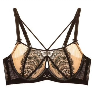 Black lace bra on a white background