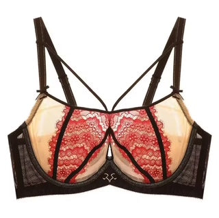 Black lace bra with red interior on a white background