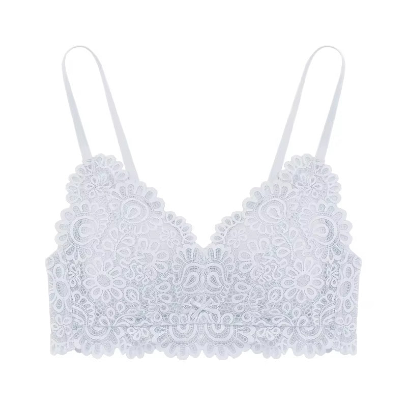 White lace bralette on a white background