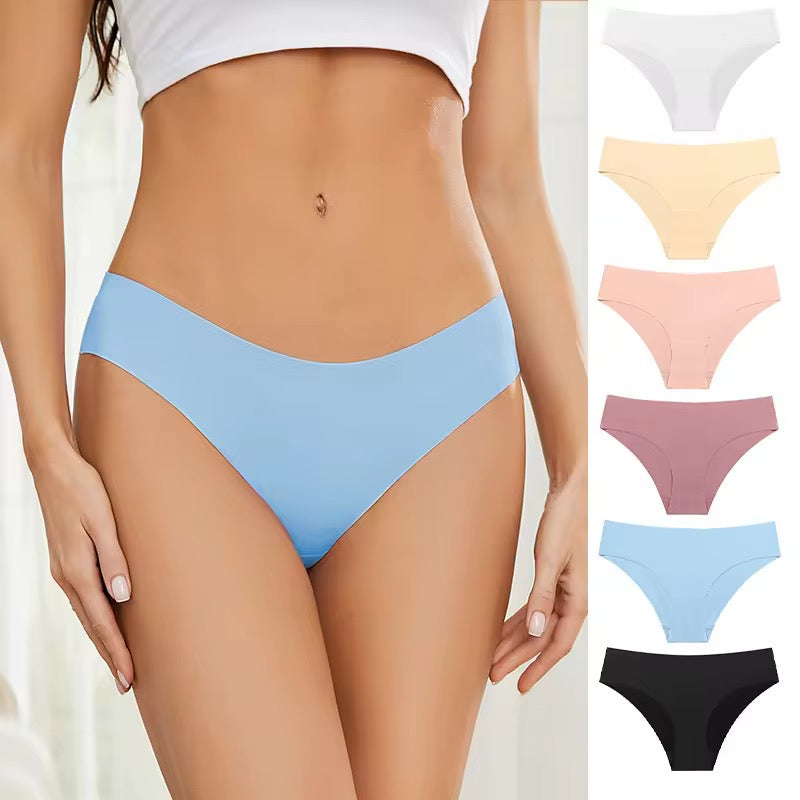 Woman wearing light blue bikini bottom with color swatches on a white background