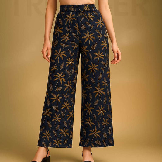Women’s Navy Blue Palazzo Pants with Golden Palm Print – Wide-Leg High-Waist Trousers