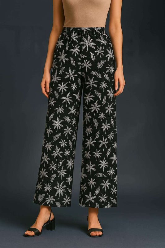 Women’s navy & gold paisley wide-leg palazzo trousers – stylish high-waist pants with bold print. Perfect for chic casual looks or elegant evening wear.