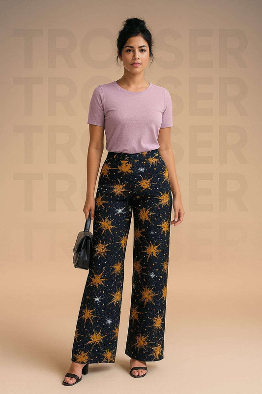 Woman wearing a pink top and star-patterned pants on a beige background with 'TRouser' text.