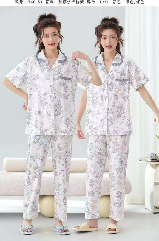 Women’s Floral Button-Up Pajama Set – Short Sleeve Top & Long Pants Nightwear