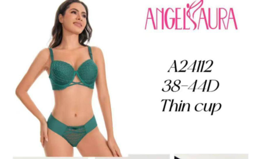 Advertisement for Angelaura lingerie with various bra styles and product details.