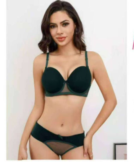 Collection of Angelaura bras and panties with product details on a white background