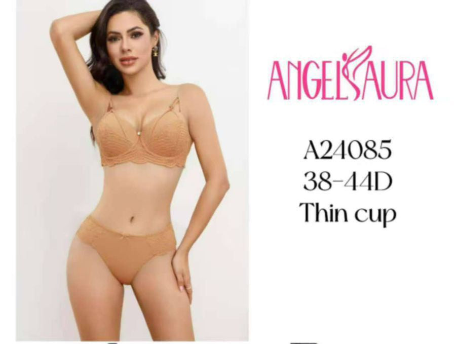 Collection of Angelaura bras and panties with product details on a white background