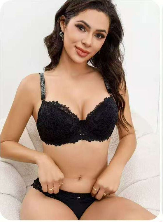 Collage of a woman wearing black lingerie with 'Angelaura' branding and product details.