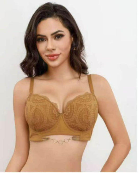 Advertisement for Angel Aura bras with a model wearing a brown bra, product details, and color options.