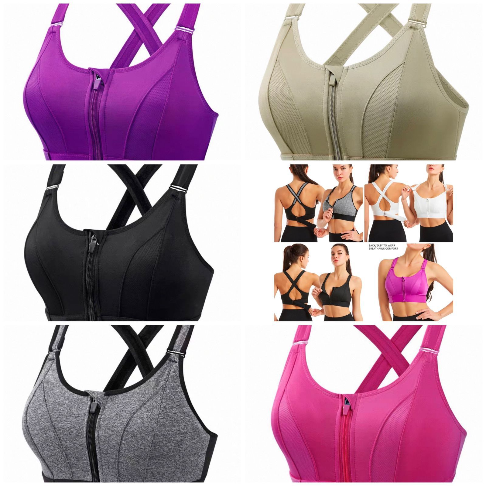 Collection of sports bras in various colors with a central focus on a pink bra.