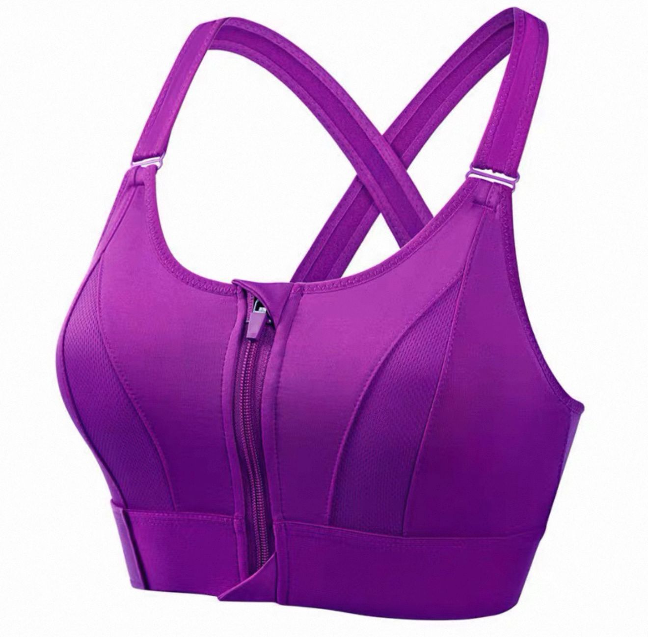 Purple sports bra with a front zipper on a white background