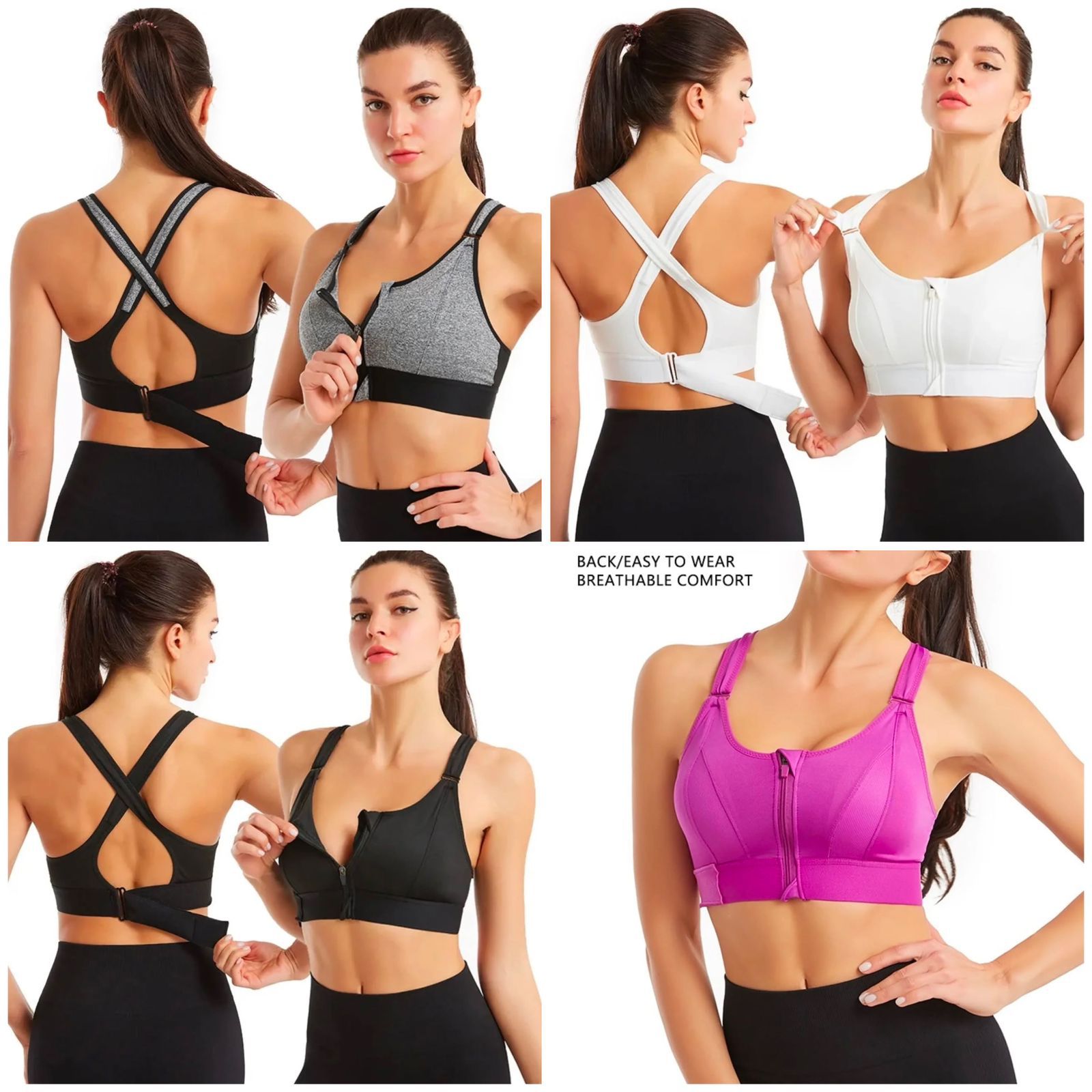 Collage of women wearing various sports bras and leggings on a white background.