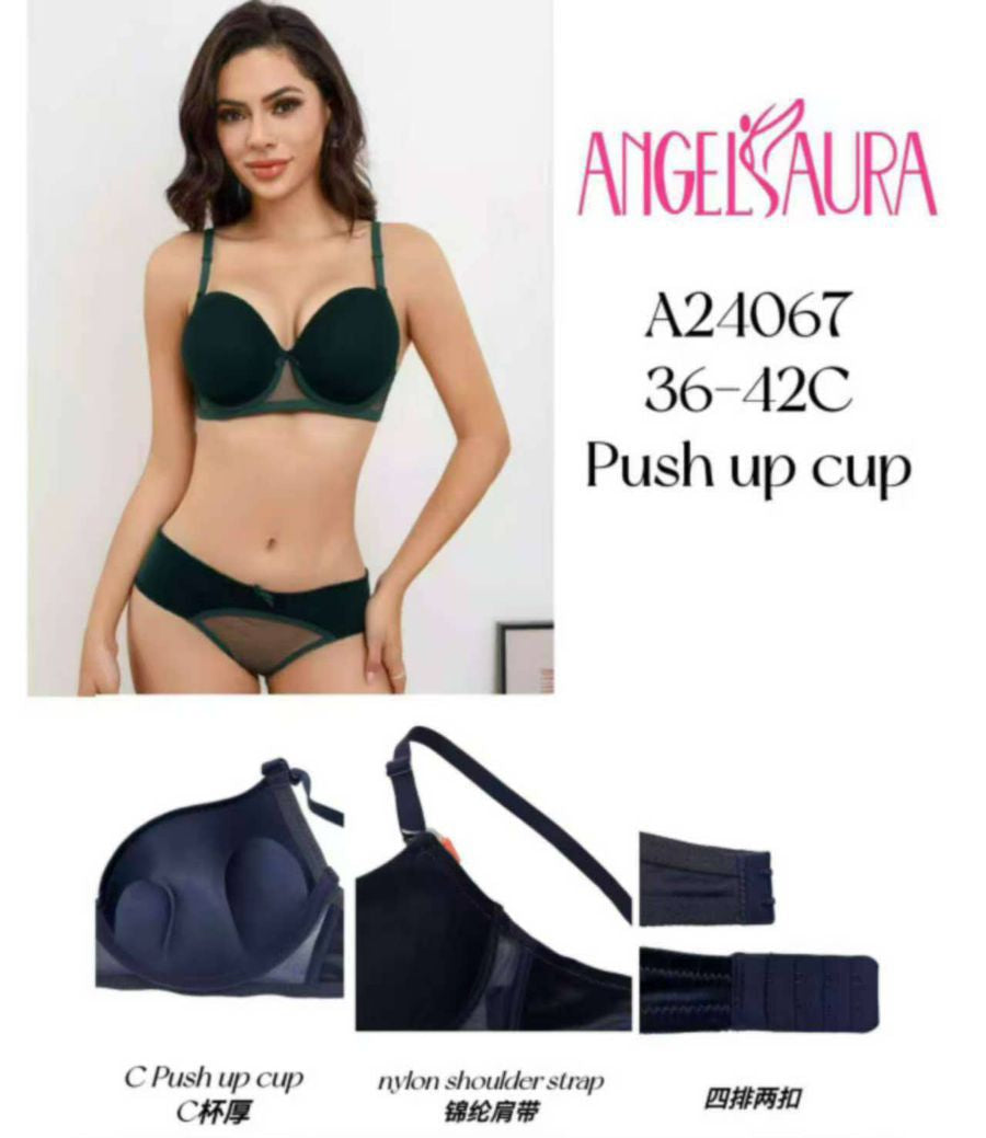 Collection of Angelaura bras and panties with product details on a white background
