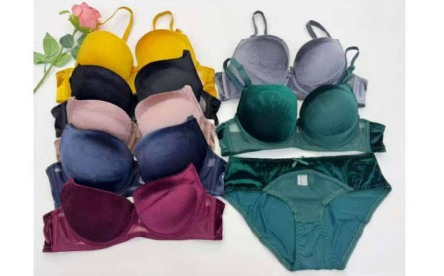 Collection of Angelaura bras and panties with product details on a white background