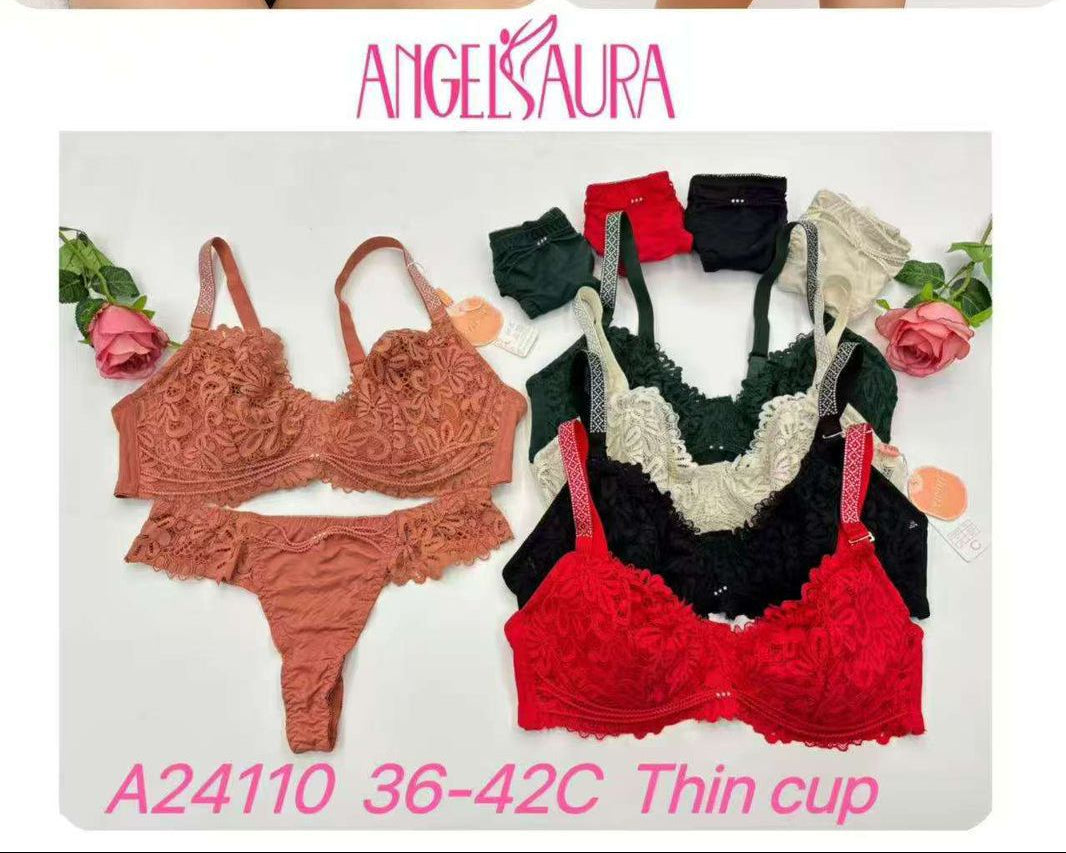 Collage of a woman wearing black lingerie with 'Angelaura' branding and product details.