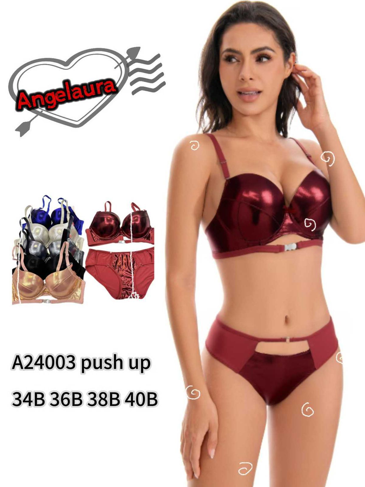 Woman wearing a maroon lingerie set with 'Angela Laura' branding and product details.
