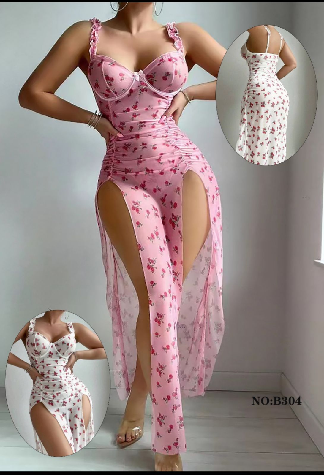 Pink floral dress with a high slit on a white background